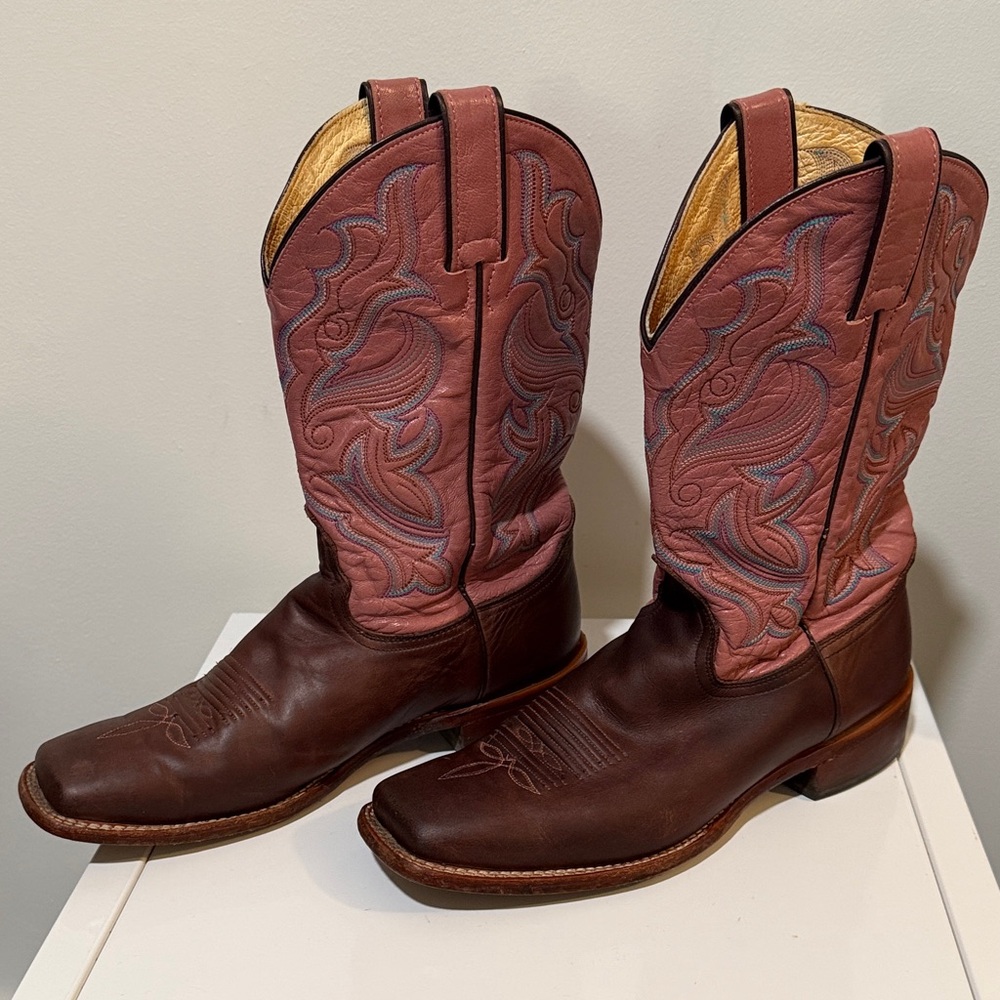 Nocona Women's Western Square Toe Brown and Pink Embroidered Boots Size 9.5
